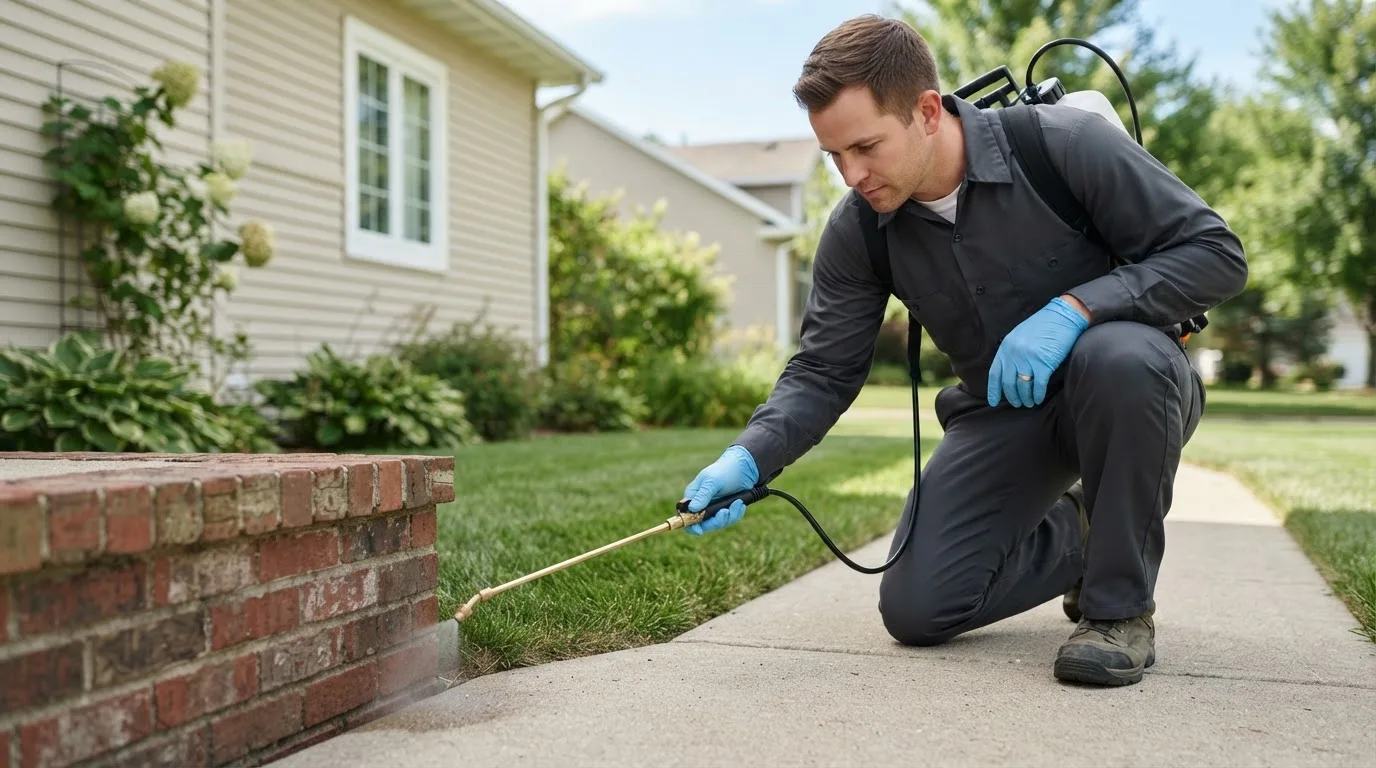 Pest control technician treating a home near Weogufka, AL